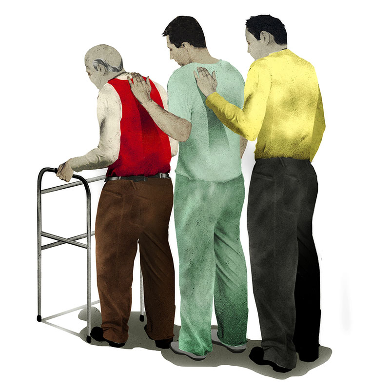 Graphical ilustration depicting caregivers supporting an older man with alzheimer's disease by standing behind him with hands on his shoulder.
